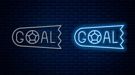 Fototapeta premium Glowing neon line Goal soccer football icon isolated on brick wall background. Vector
