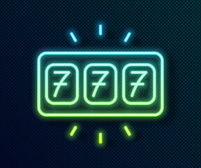 Glowing neon line Slot machine with lucky sevens jackpot icon isolated on black background. Vector
