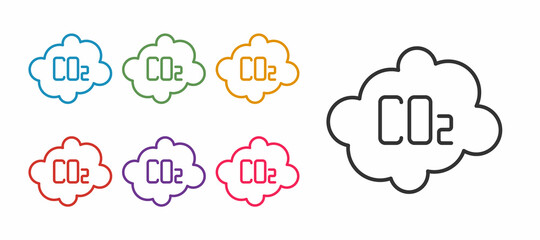 Set line CO2 emissions in cloud icon isolated on white background. Carbon dioxide formula, smog pollution concept, environment concept. Set icons colorful. Vector