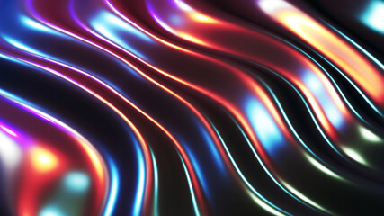 Fototapeta premium Abstract background, liquid metal waves with neon colors lights, interesting dark metallic texture 3D Render illustration.