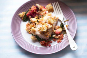 Cod fish with breadcrumbs, beetroot, spinach and lentils