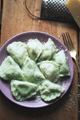 Spinach pierogi dumplings stuffed with salmon and spinach 