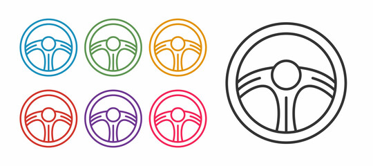 Set line Racing steering wheel icon isolated on white background. Car wheel icon. Set icons colorful. Vector