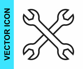 Black line Wrench spanner icon isolated on white background. Spanner repair tool. Service tool symbol. Vector