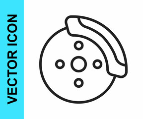 Black line Car brake disk with caliper icon isolated on white background. Vector