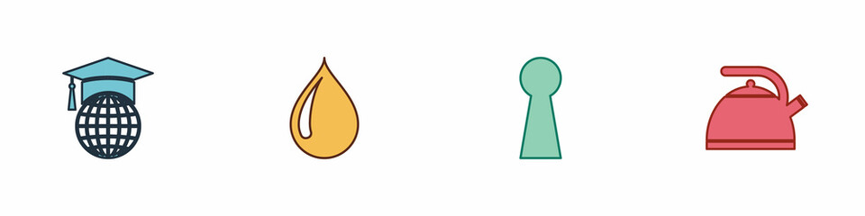 Set Graduation cap on globe, Water drop, Keyhole and Kettle with handle icon. Vector