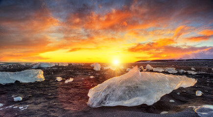Beautiful sunset over famous Diamond beach, Iceland