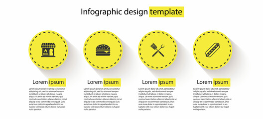 Set Barbecue shopping building, Burger, Crossed fork and spatula and Hotdog sandwich. Business infographic template. Vector