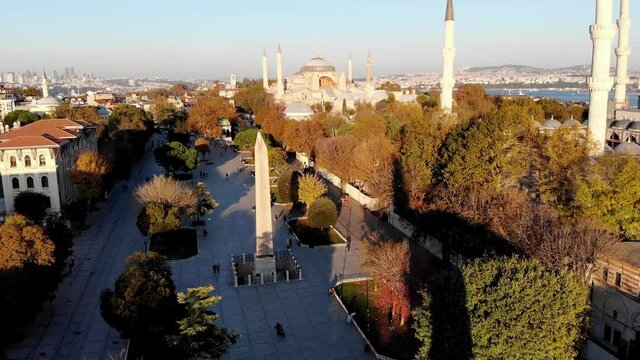 Drone shot of Sultanahmet Square in Istanbul. The main square of Istanbul. Hippodrome Square. Obelisk of Theodosius. Ancient Egyptian obelisk of Pharaoh Thutmose III. Historical center of the city.