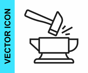 Black line Blacksmith anvil tool and hammer icon isolated on white background. Metal forging. Forge tool. Vector