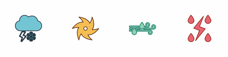 Set Cloud with snow and lightning, Tornado, Wind rain and Storm icon. Vector