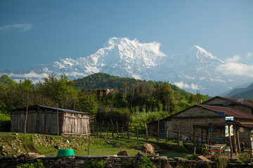 Fototapeta na wymiar Pothana village in Nepal druing the Annapurna Sanctuary trek