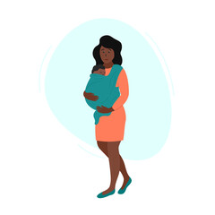 Fototapeta premium Happy african american woman with baby carrier. Mother holding newborn in sling. Child is wrapped in babycarrier and sleeping. Vector flat illustration