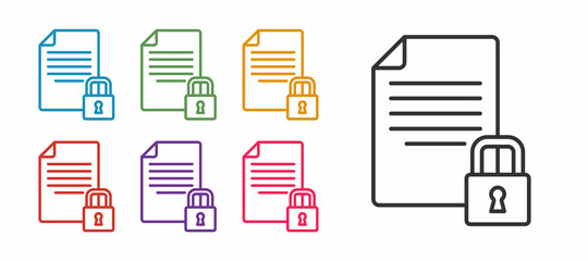 Set line Document and lock icon isolated on white background. File format and padlock. Security, safety, protection concept. Set icons colorful. Vector