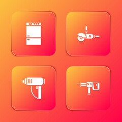 Set Refrigerator, Angle grinder, Electric industrial dryer and Rotary hammer drill machine icon. Vector