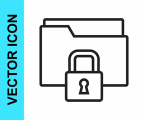 Black line Folder and lock icon isolated on white background. Closed folder and padlock. Security, safety, protection concept. Vector