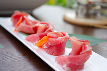 fresh raw red meat rolls for hot pot