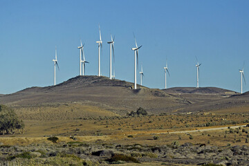 Blue sky over the field with rows of wind turbines on a sunny day in Chile