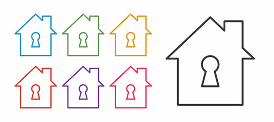 Set line House under protection icon isolated on white background. Home and shield. Protection, safety, security, protect, defense concept. Set icons colorful. Vector