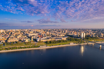 Fototapeta na wymiar Aerial top view panorama city Perm and central embankment of Kama river Russia, sunset drone photo