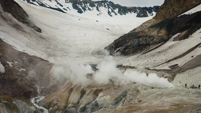 Fly Over the  Lesser Valley of Geysers, Crater of Mutnovsky Volcano, Kamchatka