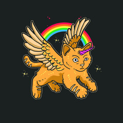 cute cat flying with rainbow