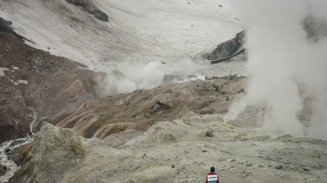 Fly Over the  Lesser Valley of Geysers, Crater of Mutnovsky Volcano, Kamchatka