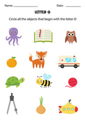 Letter recognition for kids. Circle all objects that start with O.
