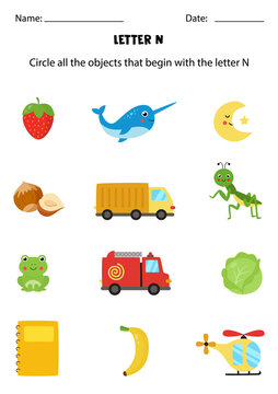 Letter recognition for kids. Circle all objects that start with N.
