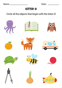 Letter recognition for kids. Circle all objects that start with O.