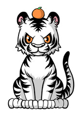 頭にミカンを乗せて座っているホワイトタイガー