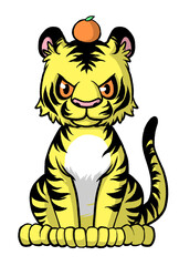 頭にミカンを乗せて座っている黄色い虎