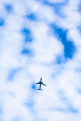 Air Travel Background / Airplane fly above high up on sky (copy space)