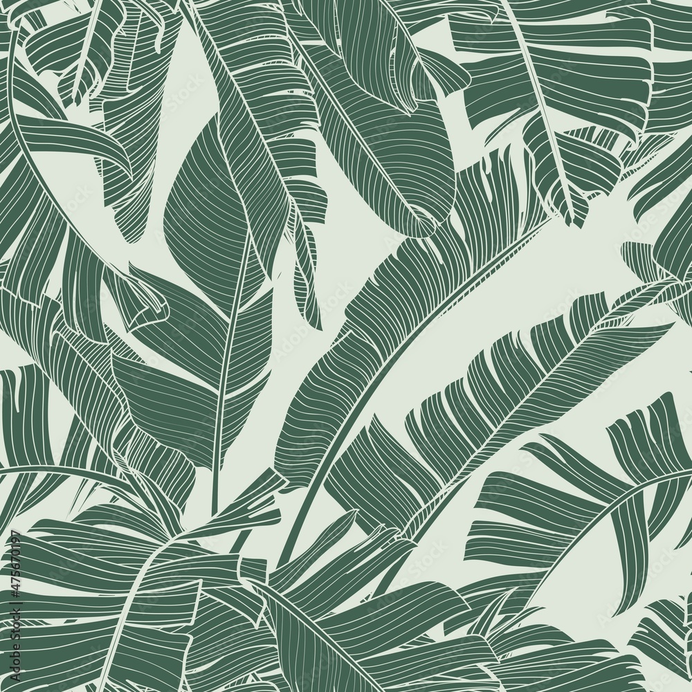 Wall mural botanical seamless pattern, hand drawn line art banana leaves. printable vintage green wallpaper or 