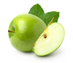 fresh green apple fruit and slices with leaves isolated on white background.
