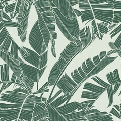 Botanisches nahtloses Muster, handgezeichnete Linienkunst-Bananenblätter. Bedruckbare grüne Vintage-Tapete oder Textilillustration.