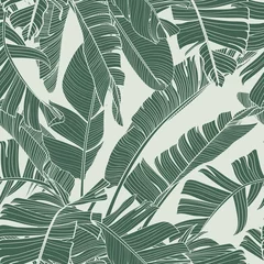 Tapeten Botanisches nahtloses Muster, handgezeichnete Linienkunst-Bananenblätter. Bedruckbare grüne Vintage-Tapete oder Textilillustration. © Виктор Фесюк