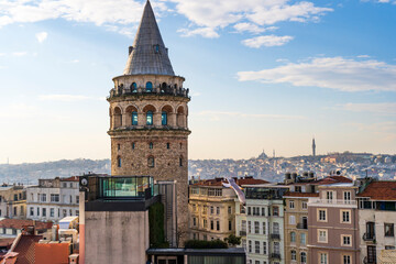 Fototapeta na wymiar Istanbul Galata Tower view from top. Natural clouds and blue sky
