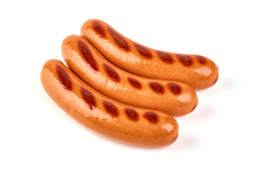 Roasted Frankfurter sausages, isolated on white background.