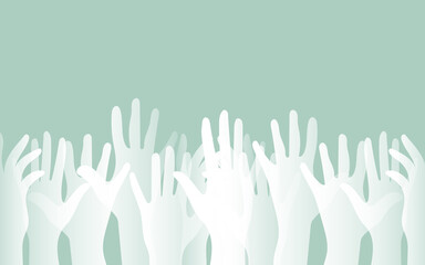 Hands of people of white transparent color of different nationalities and religions. Activists, feminists and other communities are fighting for equality. Blue background. 