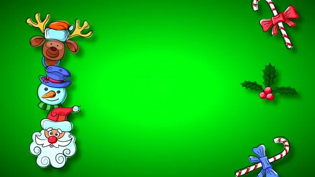 Looped abstract animation with Christmas characters on a gradient green background with free space for text.