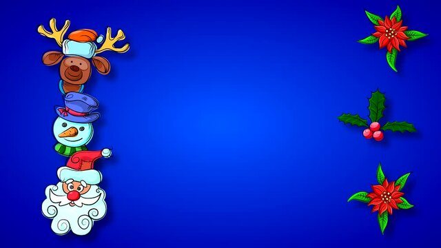 Looped abstract animation with Christmas characters on a gradient blue background with free space for text.