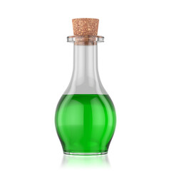 Old glass flask with green liquid. Isolated on white background