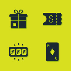 Set Gift box, Playing card with diamonds, Slot machine jackpot and Lottery ticket icon. Vector