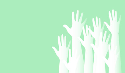 Hands of people of white transparent color of different nationalities and religions. Activists, feminists and other communities are fighting for equality. Blue background. Vector.