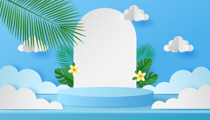 Paper cut style of clouds, leaf tropical natural on blue sky background with 3D blue color cylinder podium for products display presentation. Vector illustration