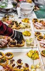 Chef hand is in process of Preparing catering food
