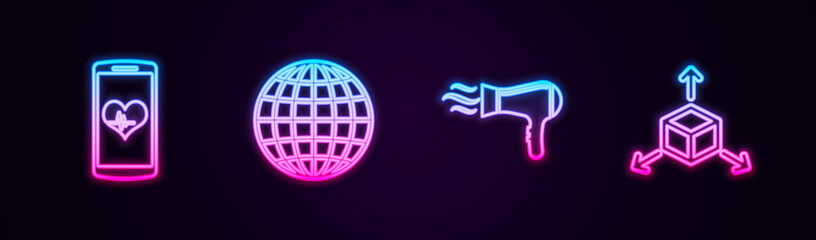 Set line Smartphone with heart rate, Earth globe, Hair dryer and Isometric cube. Glowing neon icon. Vector