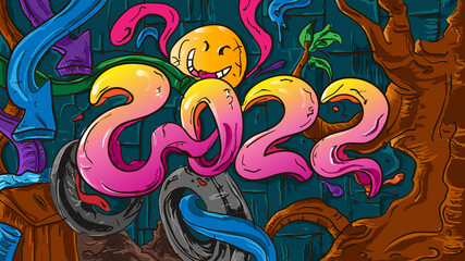 New year 2022 hand lettering and doodle background