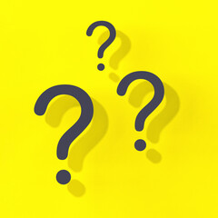 Question marks with shadow on yellow background. Technical support. Answers to questions. Square image. 3D image. 3D rendering.